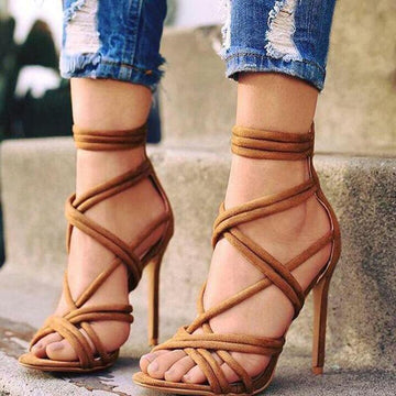Simple Brown Cutout Open Toe High Heel Sandals