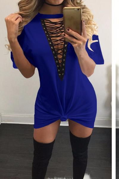 Pure Color Straps Hollow Out Half Sleeves V-neck Loose Short Dress
