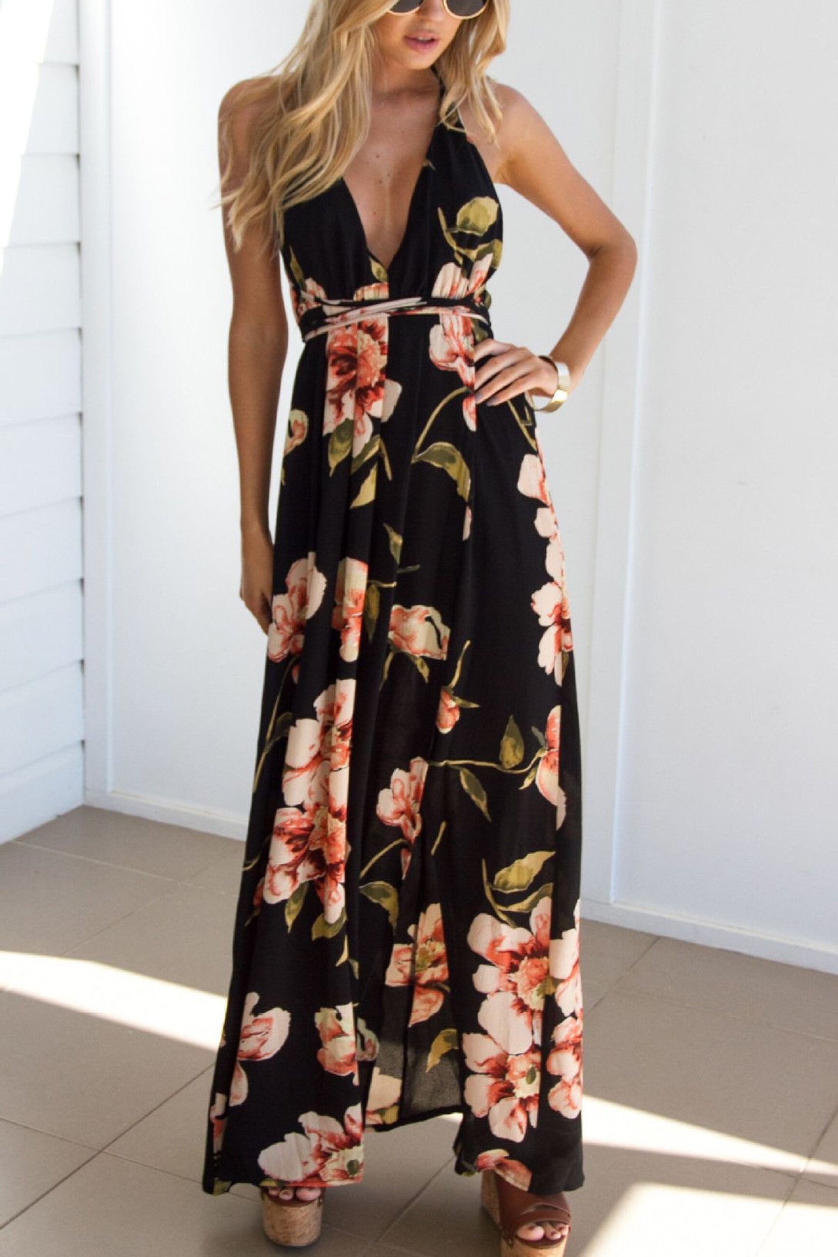 Spaghetti Straps V-neck Flower Print Long Split Dress