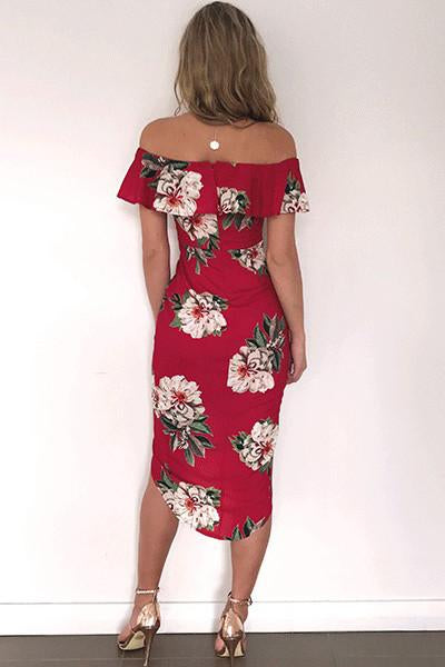Floral Print Ruffle Off Shoulder Boat Neckline Irregular Short Dress