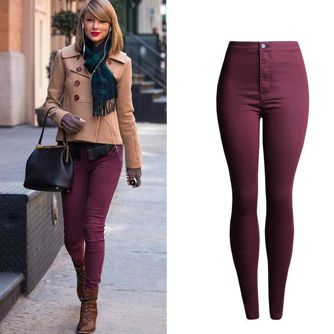 Candy Color High Waist Elastic Long Slim Pants