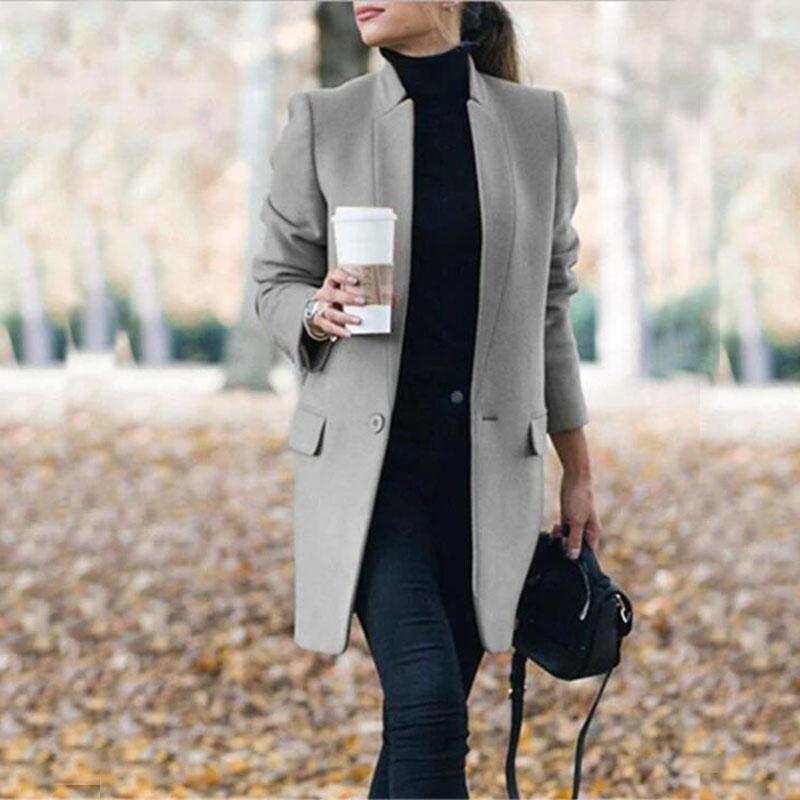 Plain Stand Up Collar Long Blazer