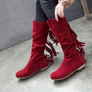 Suede Fringe Knee High Round Toe Boots