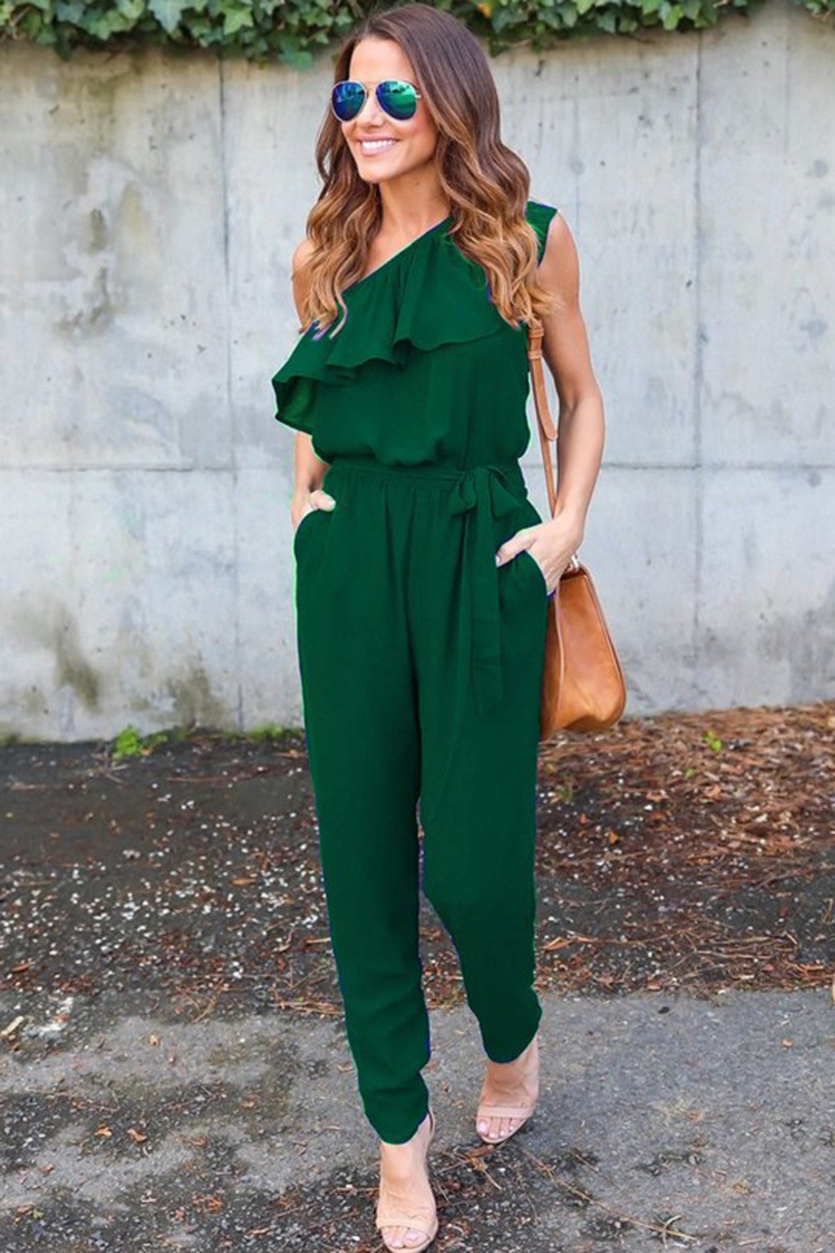 One Shoulder Pure Color Chiffon Long Jumpsuit