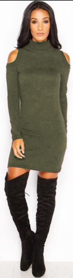 High Neck Dew Shoulder Long Sleeve Short Bodycon Knit Dress