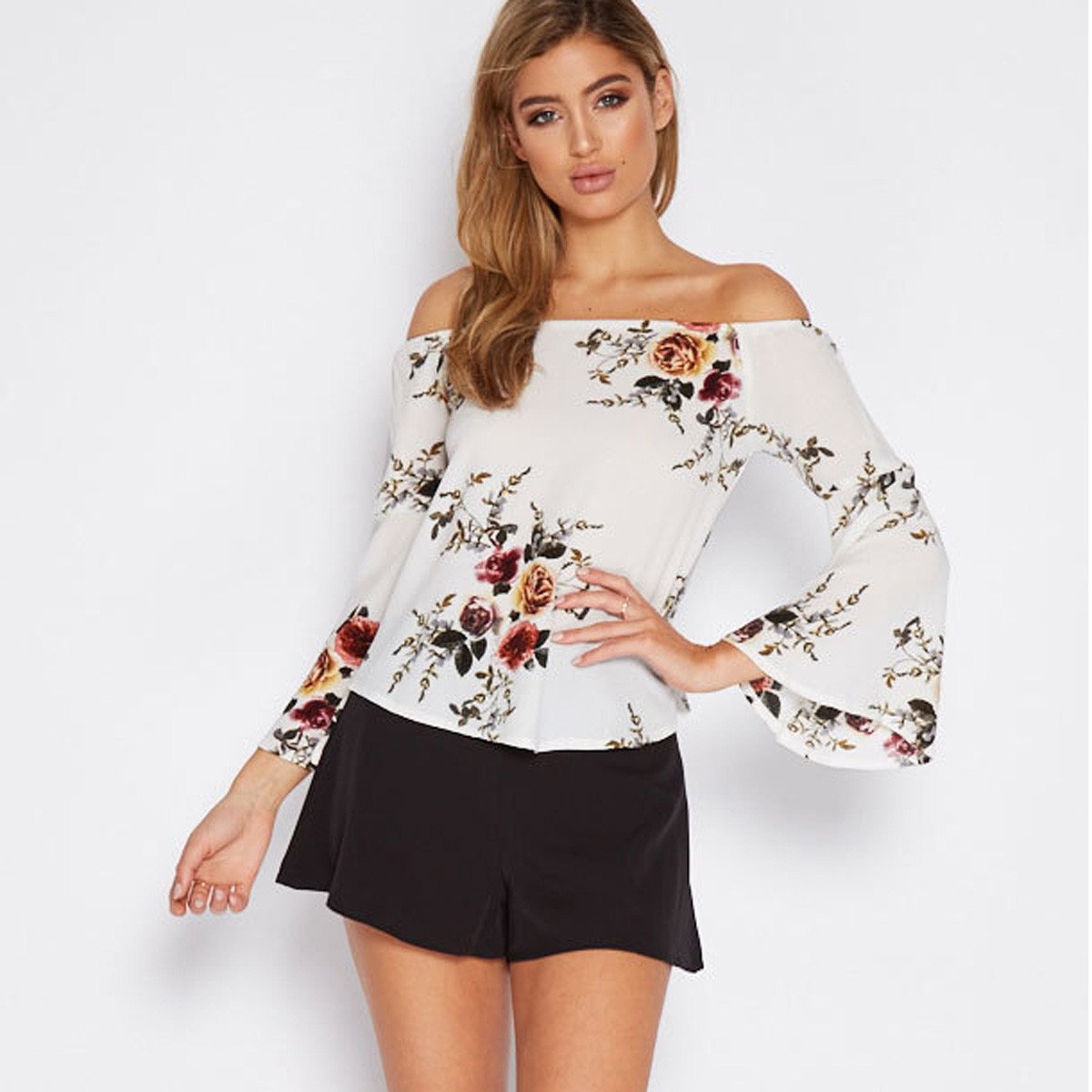 Off Shoulder Flower Print Trumpet Sleeves Blouse