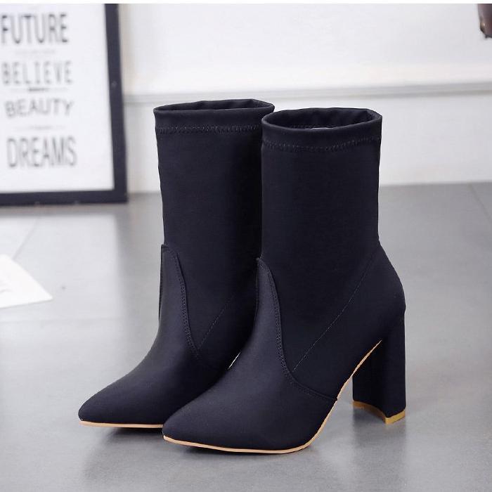 Pointed Toe Pure Color High Chunky Heel Half Martin Boots