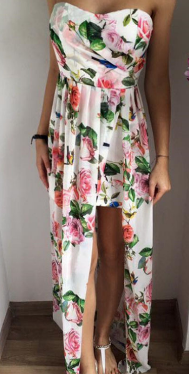 Print Split Strapless Long Chiffon Dress