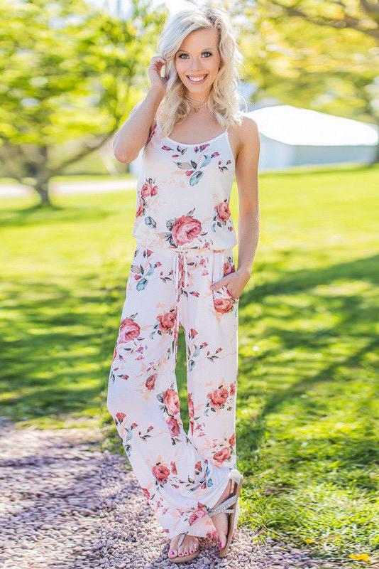 Flower Print Spaghetti Straps Sleeveless Long Jumpsuit