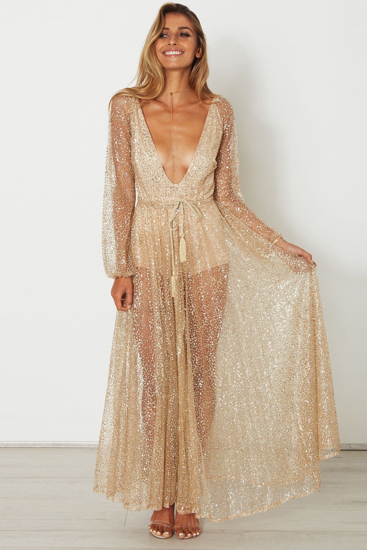 Deep V-neck Long Sleeves Pleat Long Transparent Dress