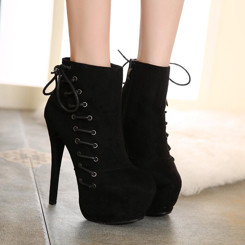 Platform Suede Lace Up High Heel Ankle Boots