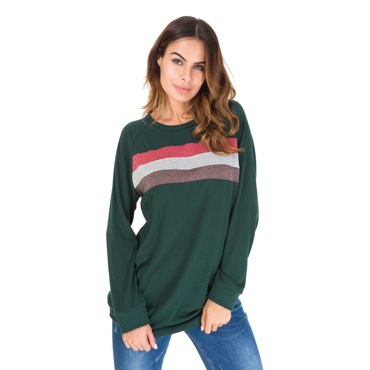 Patchwork Loose Scoop Long Sleeves Pullover T-shirt