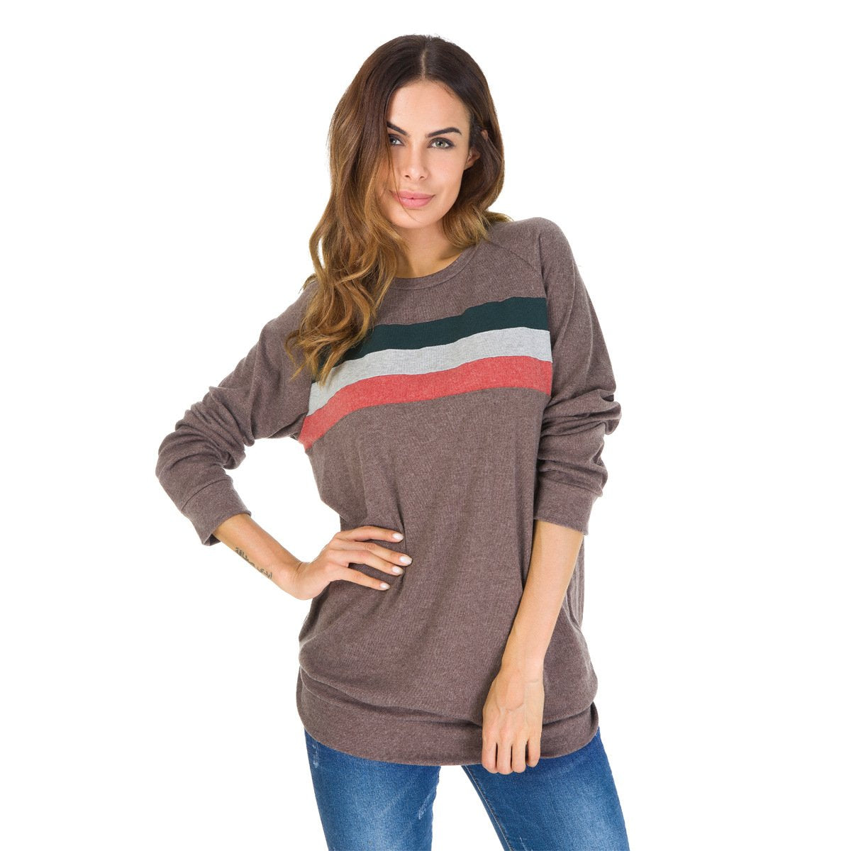 Patchwork Loose Scoop Long Sleeves Pullover T-shirt