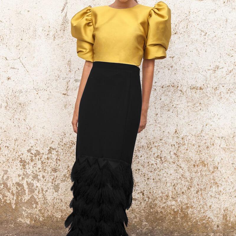 Short Sleeves Crop Top High Waist Calf Skirt Set