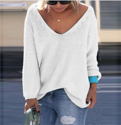V-neck Loose Knit Pure Color Pullover Sweater - Oh Yours Fashion - 7