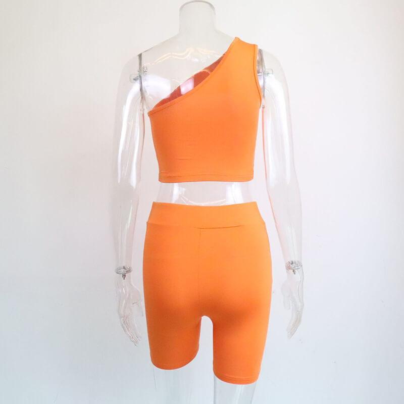 Sexy Bright Color One Shoulder Cutout Two Pieces Set