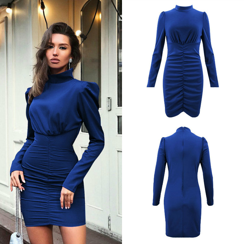 Turtleneck Empire Waist Ruched Dress