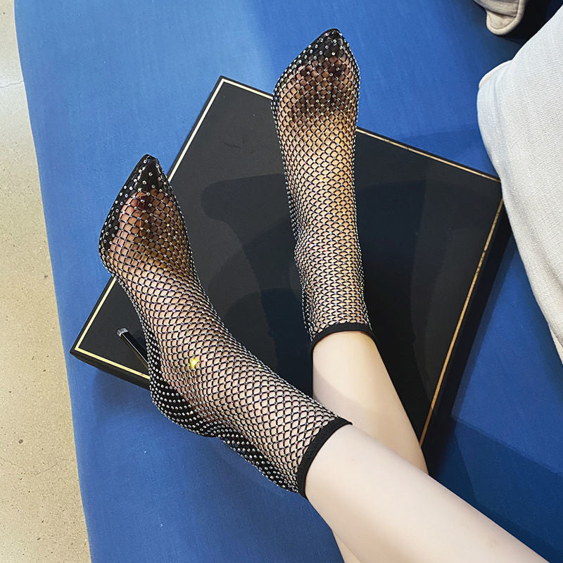 Sexy Pointed Rhinestone Hollowed-out Mesh Fashion High-heeled Stiletto Boots