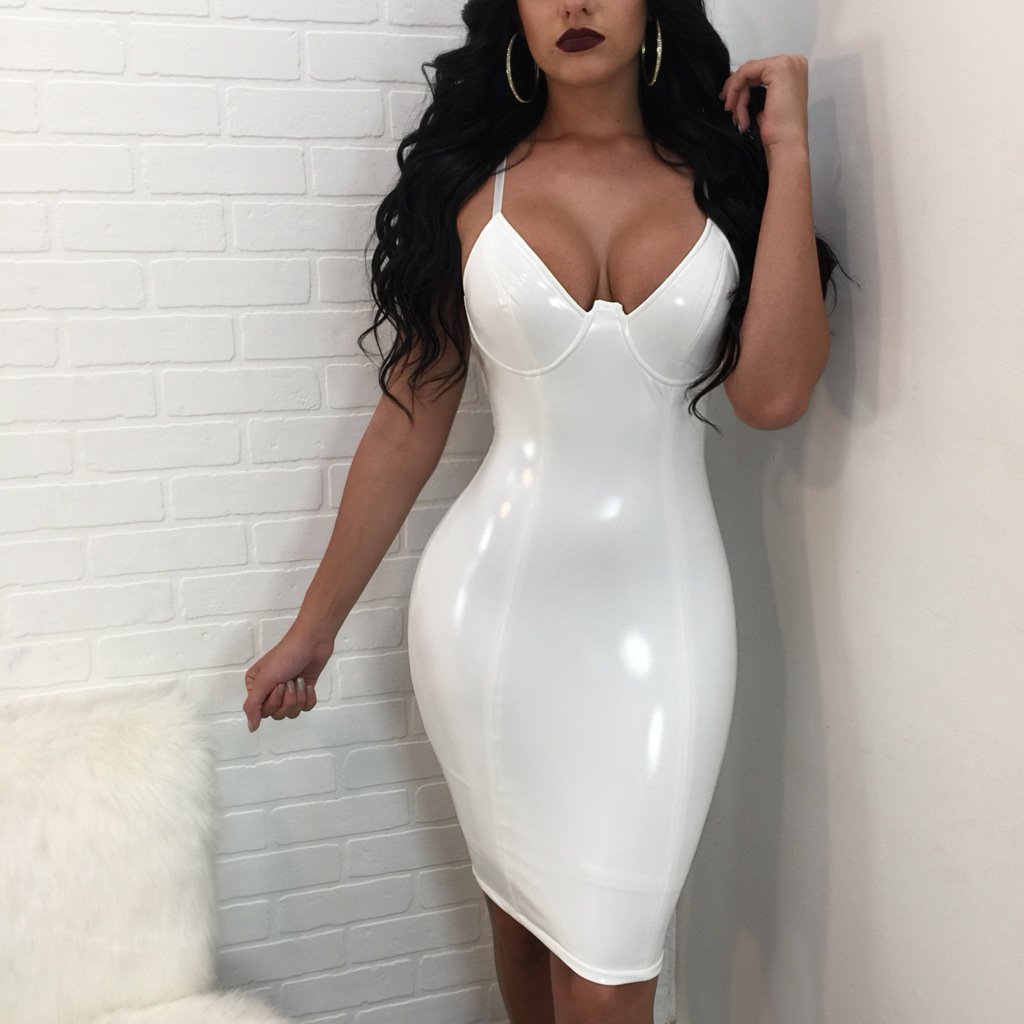 Pure Color Spaghetti Straps Sleeveless V-neck Knee-length Dress