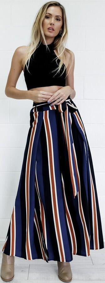 Multicolor Stripes Printed Side Split High Waist Wide Leg Pants