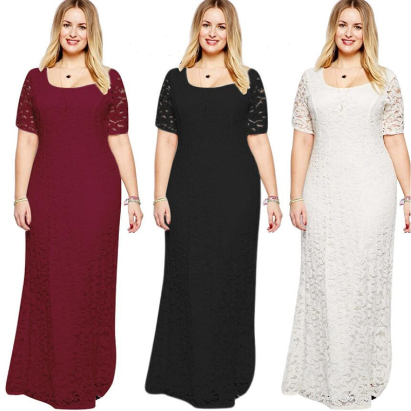 Plus Size Elegant Short Sleeve Lace Long Dress