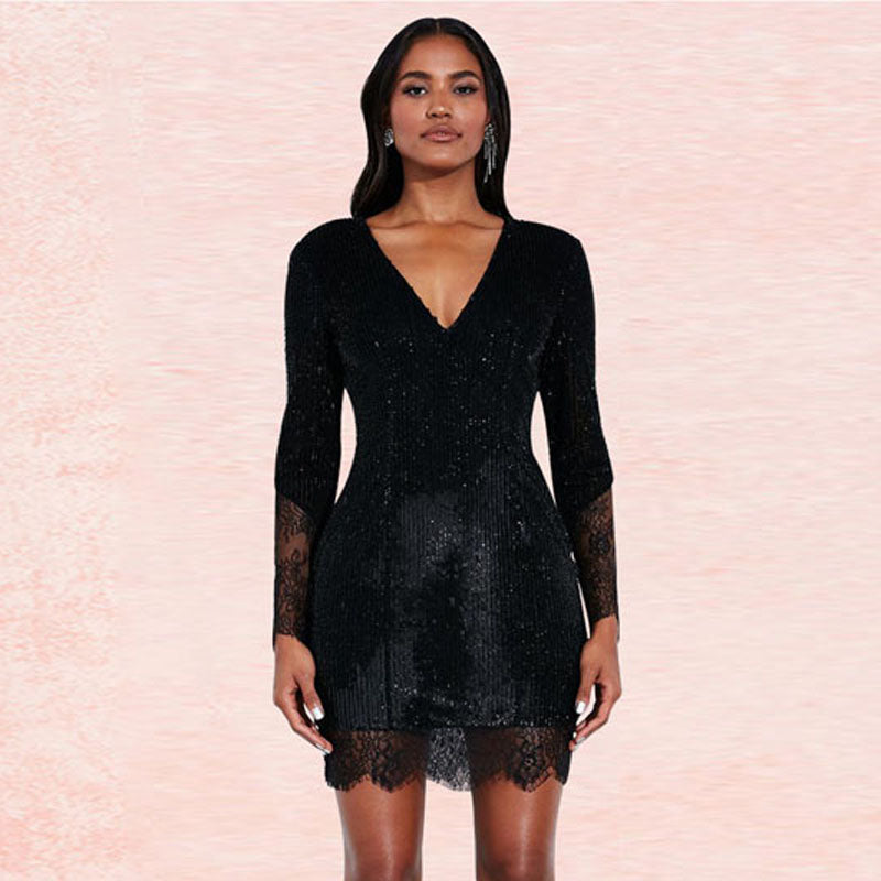 See Though Lace Beaded Short Dress