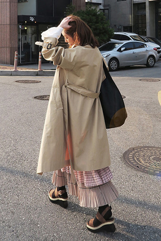 Pure Color Belt Long Sleeves Loose Double Breasted Long Coat