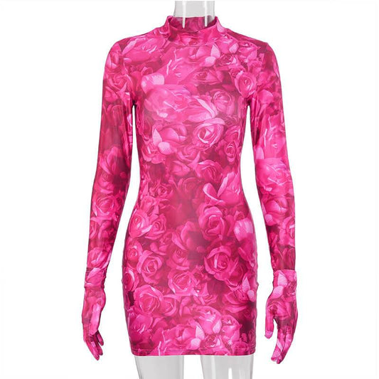 Rose Printed Cover Finger Bodycon Dress
