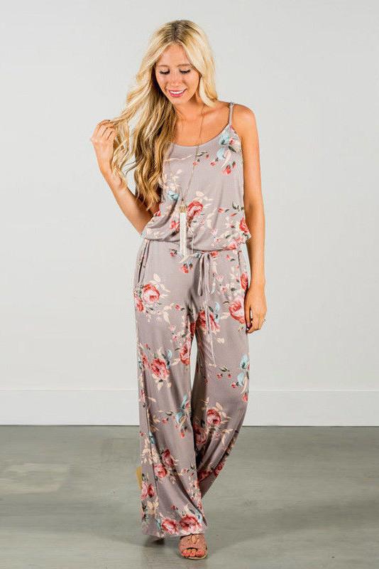 Flower Print Spaghetti Straps Sleeveless Long Jumpsuit