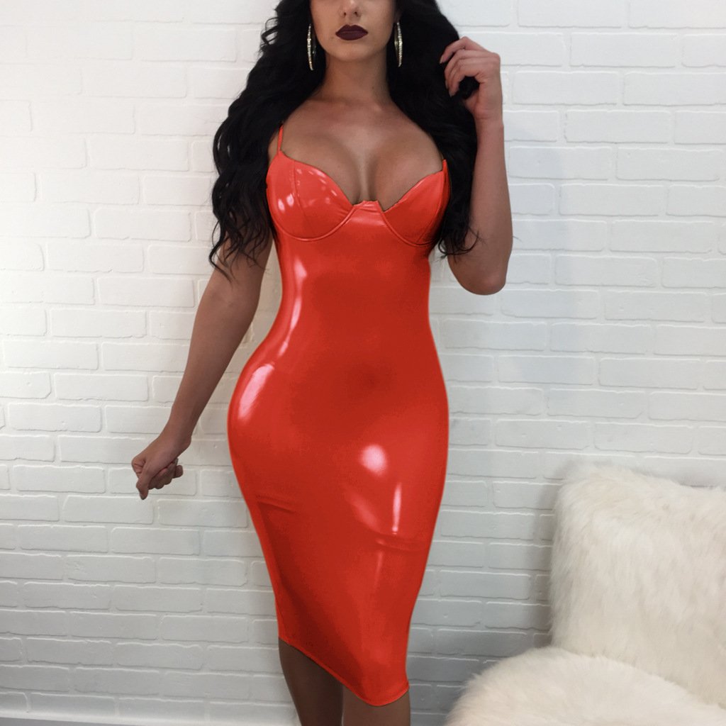 Pure Color Spaghetti Straps Sleeveless V-neck Knee-length Dress