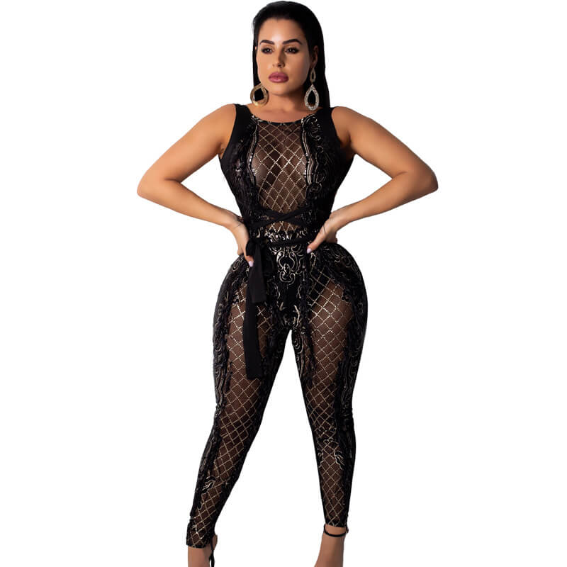 Backless Sequin Bandage See Through Jumpsuit