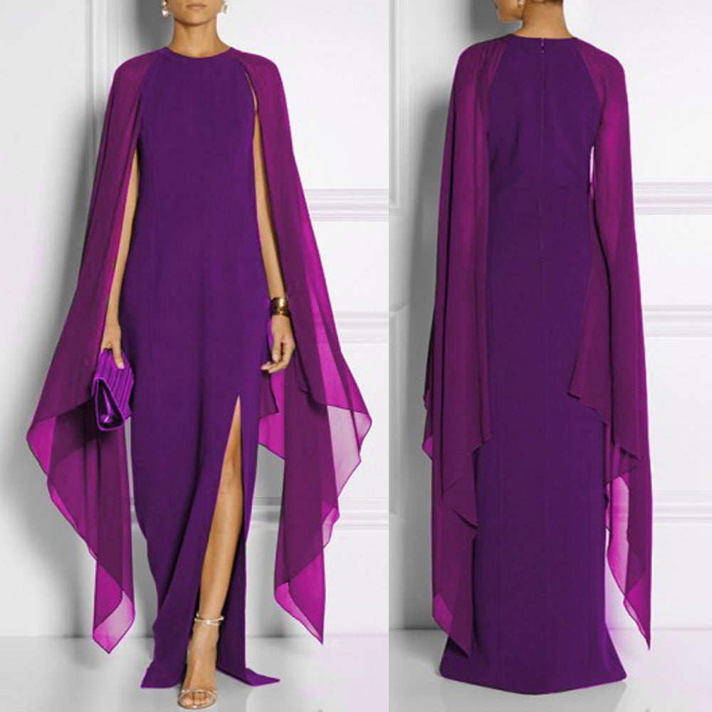 Bright Candy Color Long Batwing Sleeves Split Long Chiffon Dress