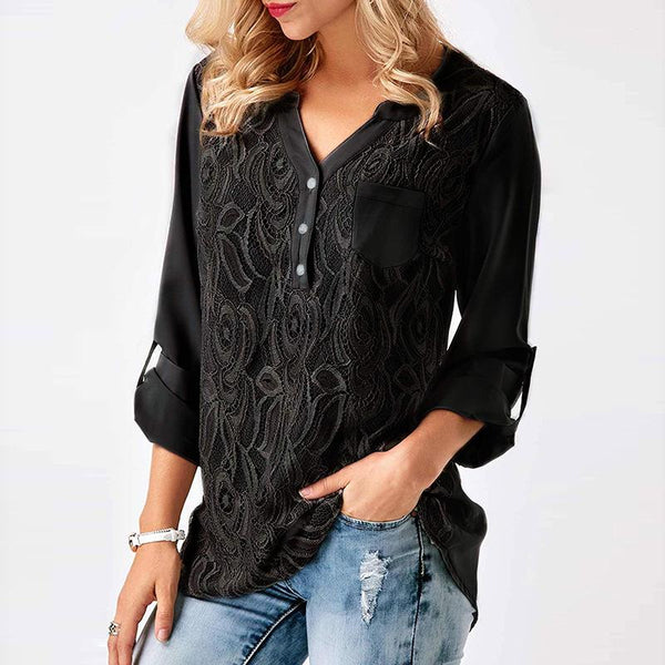 V-neck Buttons Long Sleeves Pocket Loose Lace Blouse – May Your Fashion