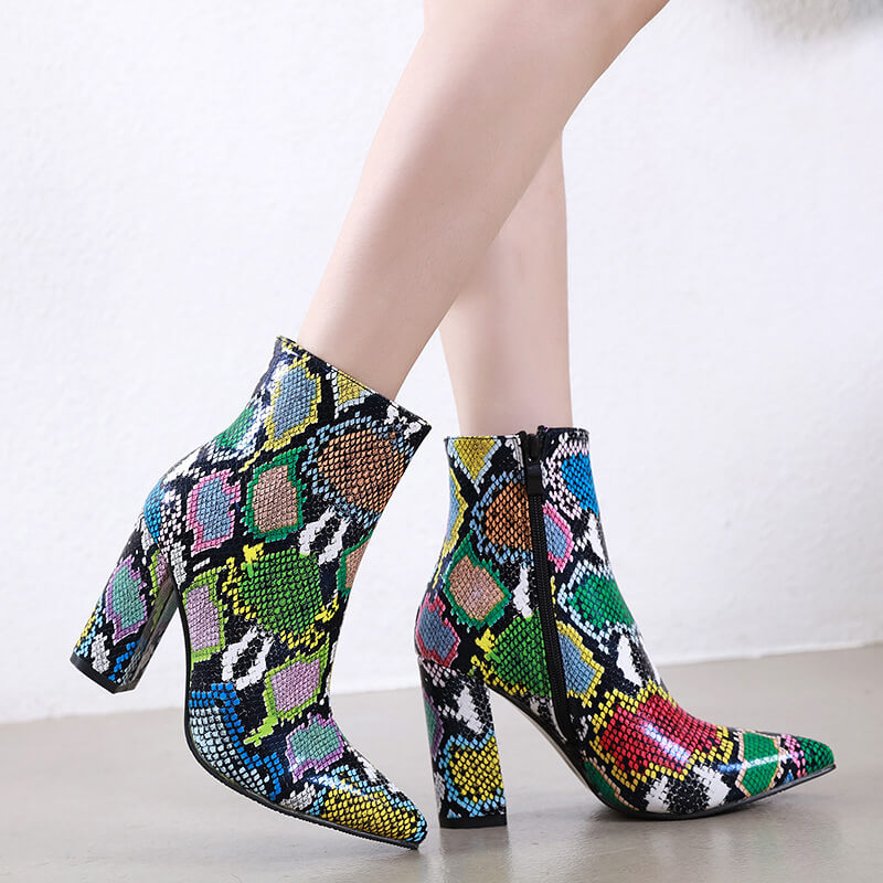 Leather Colorful Snakeskin Pointed Toe High Heel Calf Boots 