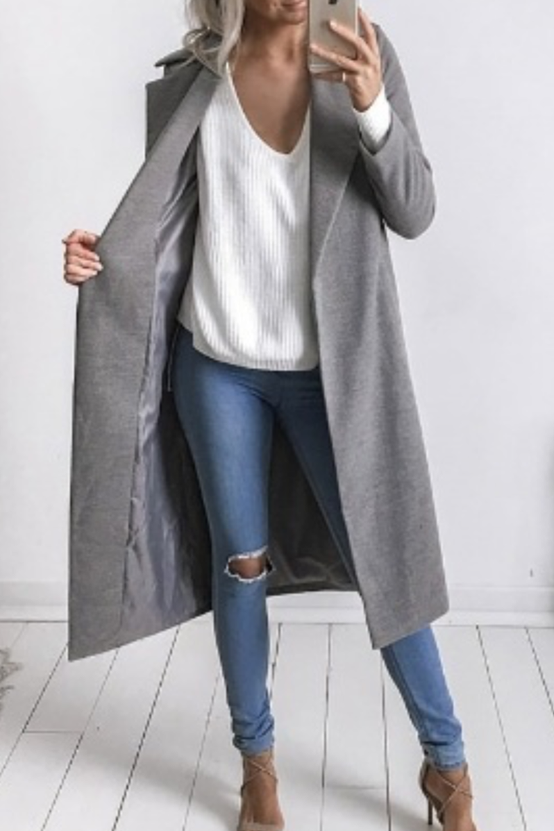 Lapel Collar Pockets Long Slim Woolen Coat