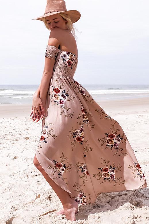 Off Shoulder Short Sleeves Low High Split Flower Print Long Beach Dress