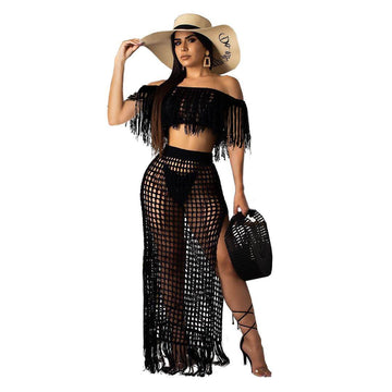Tassel Off Shoulder Crop Top Irregular MAXI Skirt Set