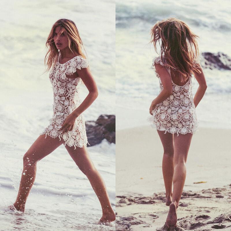 Lace Backless See Through Beach Short Dress