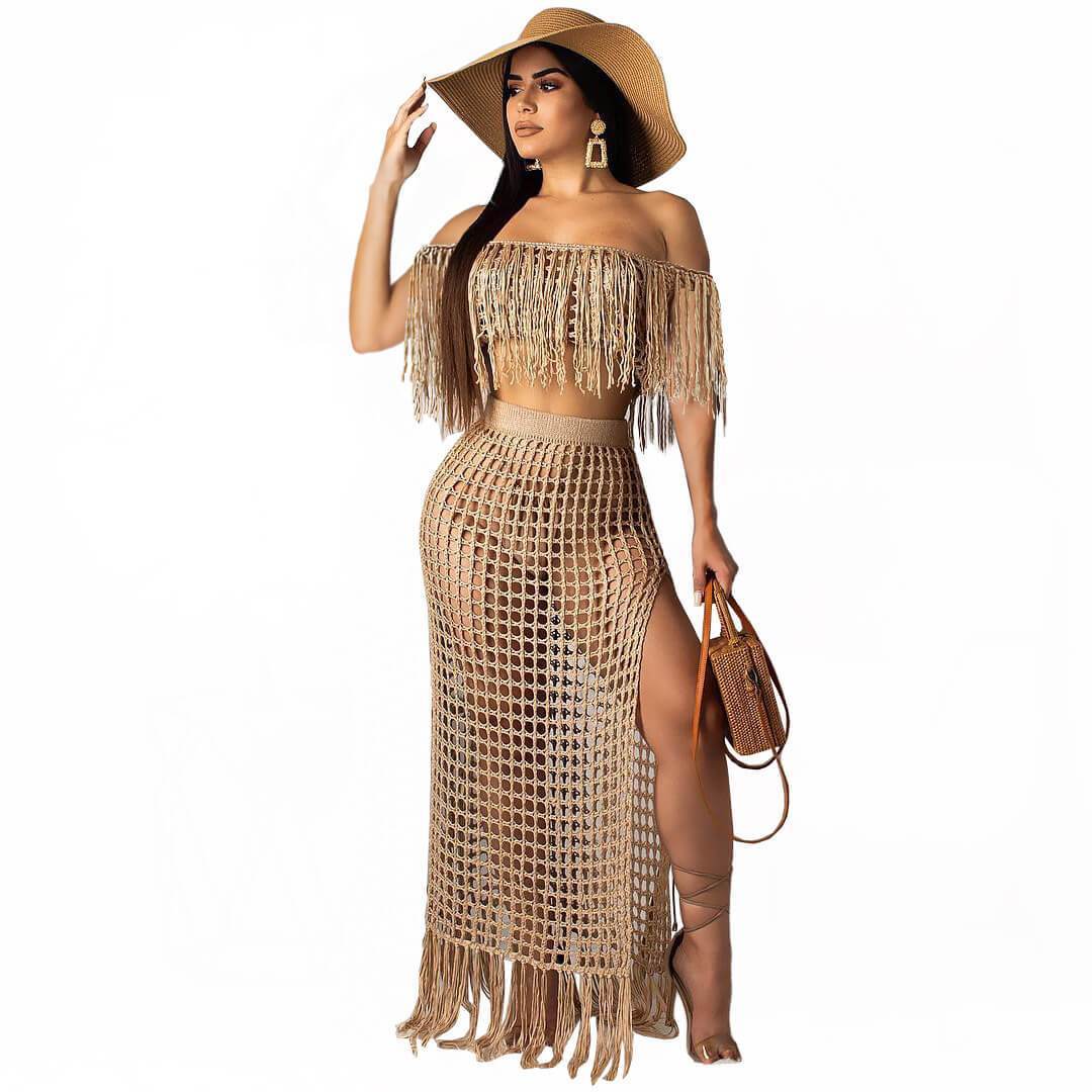 Tassel Off Shoulder Crop Top Irregular MAXI Skirt Set