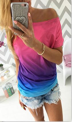 Free Shipping Gradually Changing Color Short Sleeves Scoop Casual T-shirt