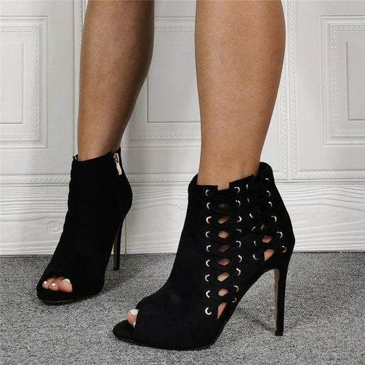 Summer Black Suede Peep Toe Cutout High Heel Sandals