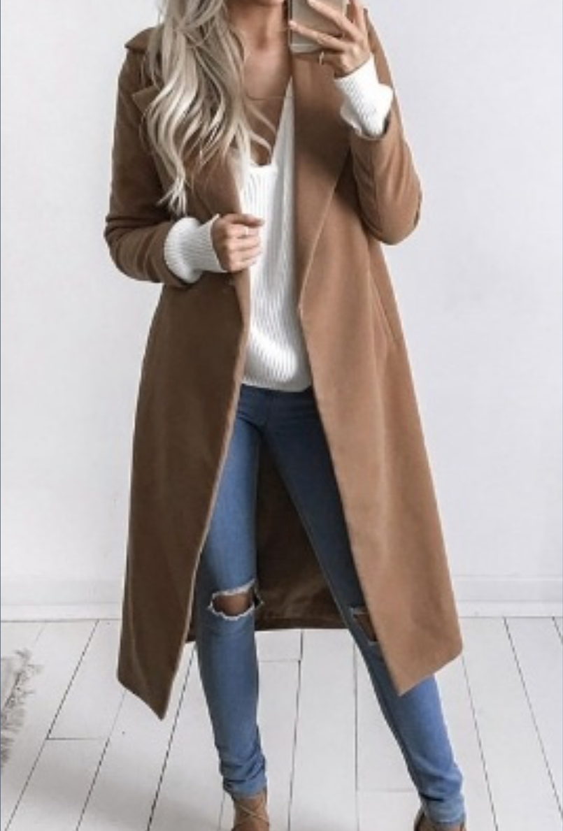 Lapel Collar Pockets Long Slim Woolen Coat