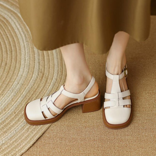 Retro Hollow-out Woven Thick Platform and Chunky Heels Roman Sandals