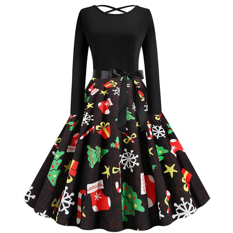 Christmas Print Crossed Back A Line Dress