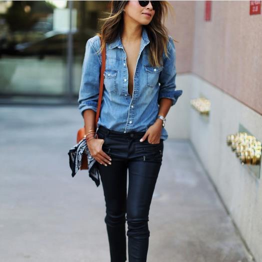 Denim Turn-down Collar Long Sleeves Slim Blouse - Meet Yours Fashion - 1