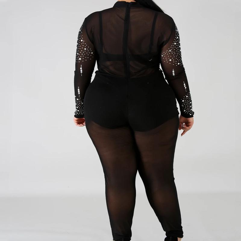 Sexy Plus Size Black Mesh Sheer Rhinestone Skinny Jumpsuits