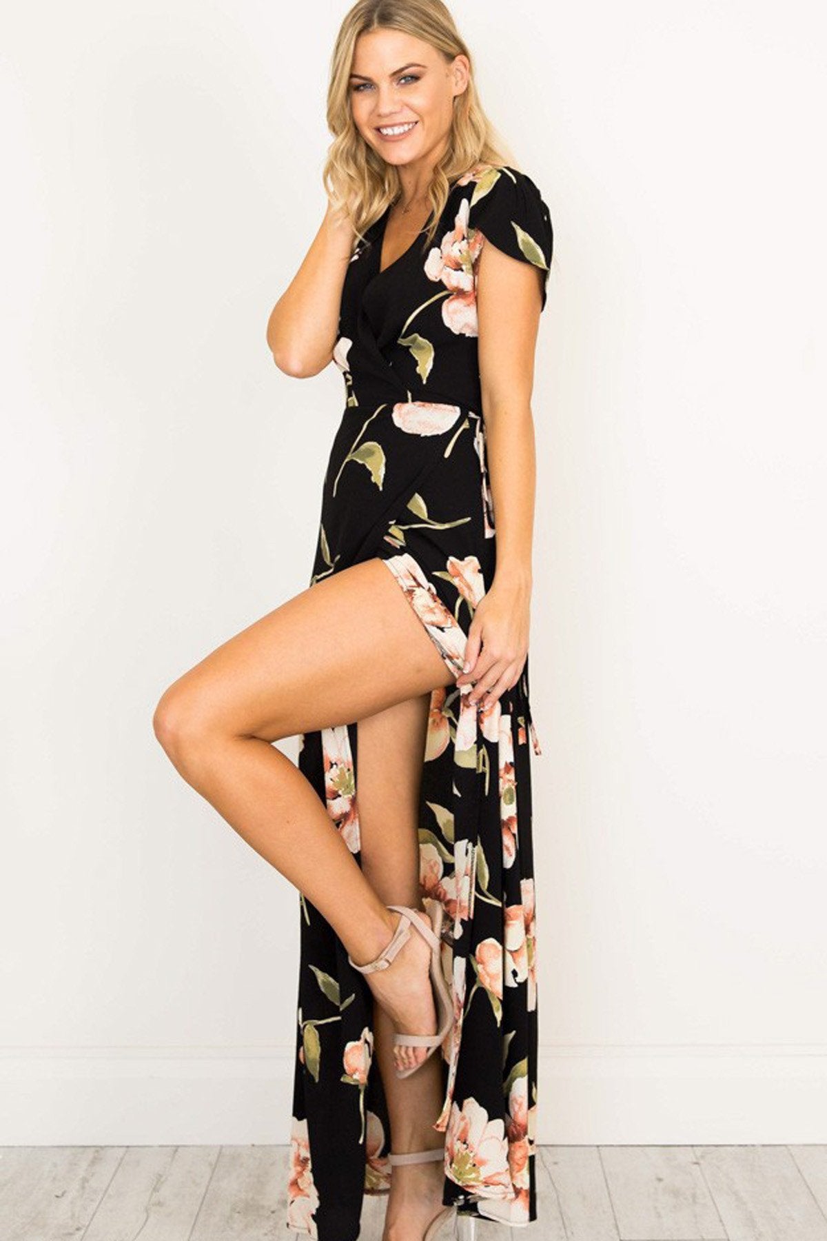 V-neck Flower Print Long Dress