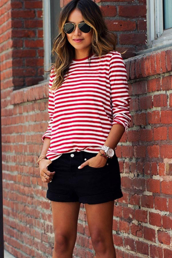Red White Stripe Scoop Long Sleeve Loose T-shirt