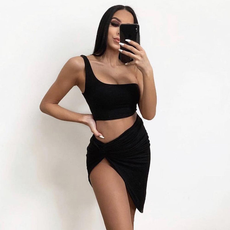 Bandage Crop Top with Irregular Long Skirt Club Dress Set