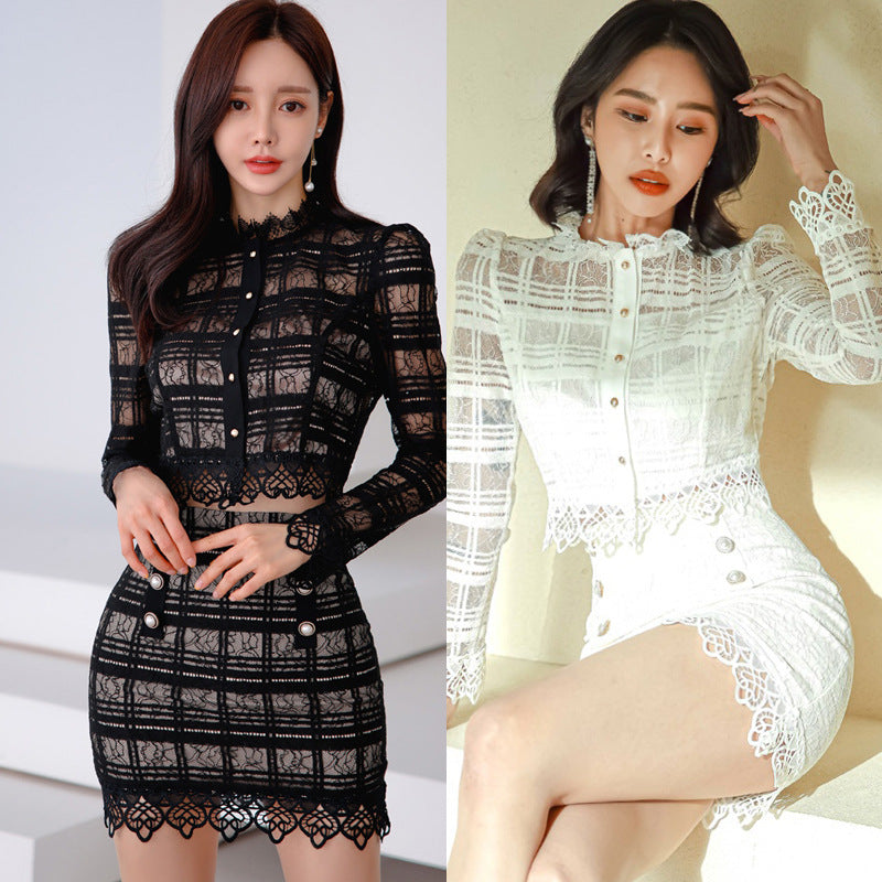 Stand Collar and Lace Trimmed Short Top and Bodycon Dress